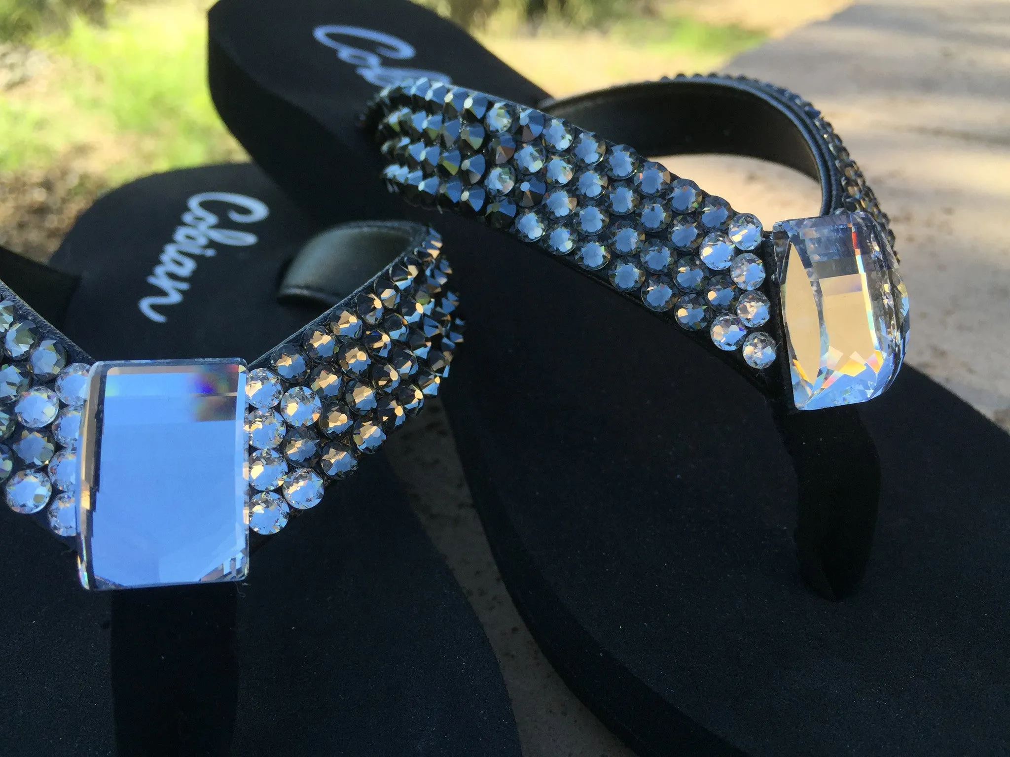 Black Diamond Ombre' Rockstar Swarovski Crystal Flat Flip-flops by Sparkle Steps