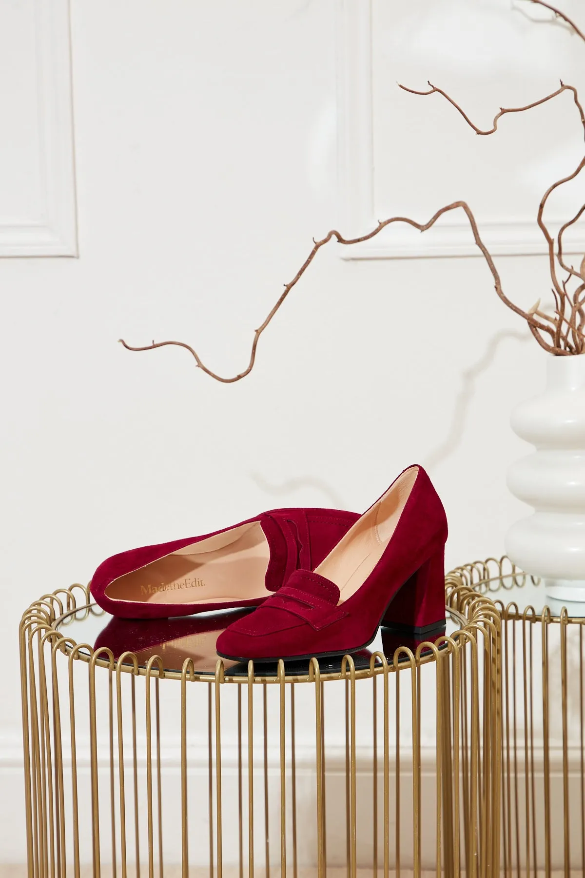 Kat Heeled Loafer in Burgundy Suede