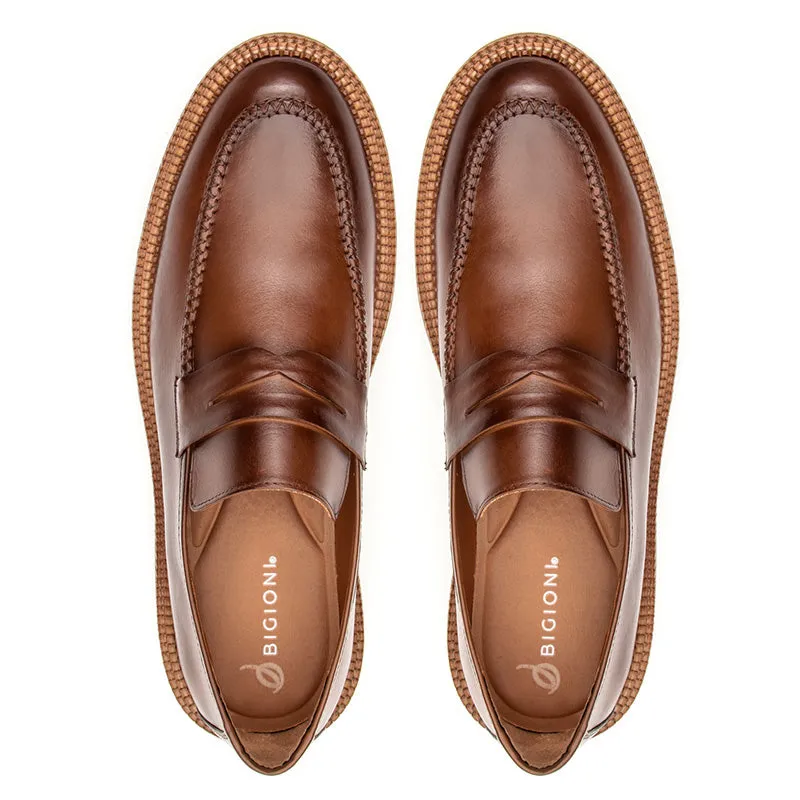 Mens Penny Loafers Casual Dress Shoes Brown Leather Lug Soles