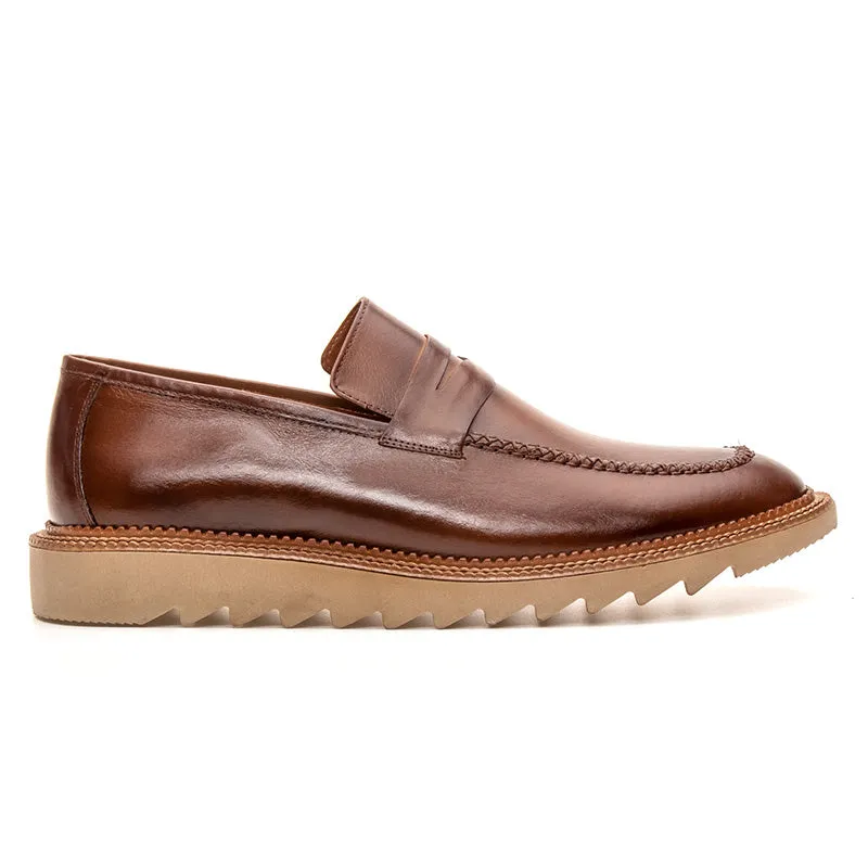 Mens Penny Loafers Casual Dress Shoes Brown Leather Lug Soles