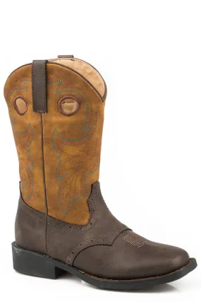 Roper Youth Unisex Daniel Dark Brown/Tan Faux Leather Cowboy Boots