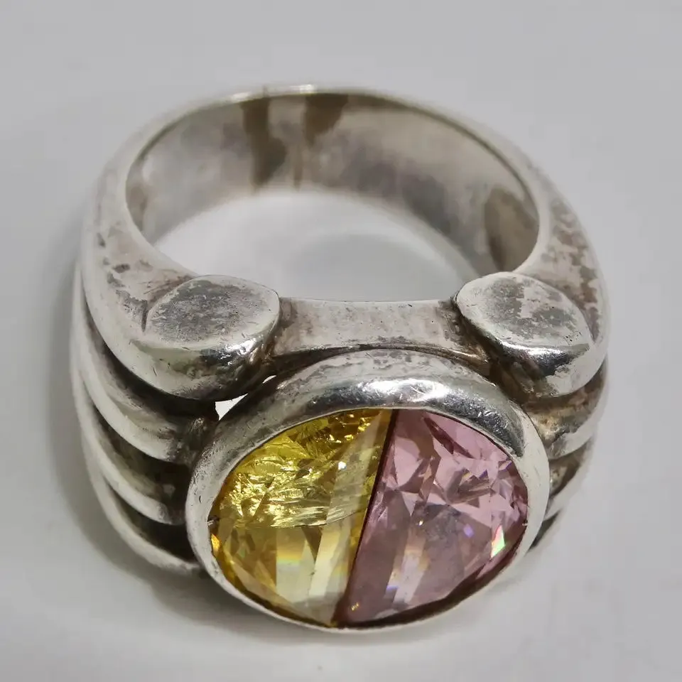 Silver 925 Pink and Yellow Quartz Ring Circa 1960