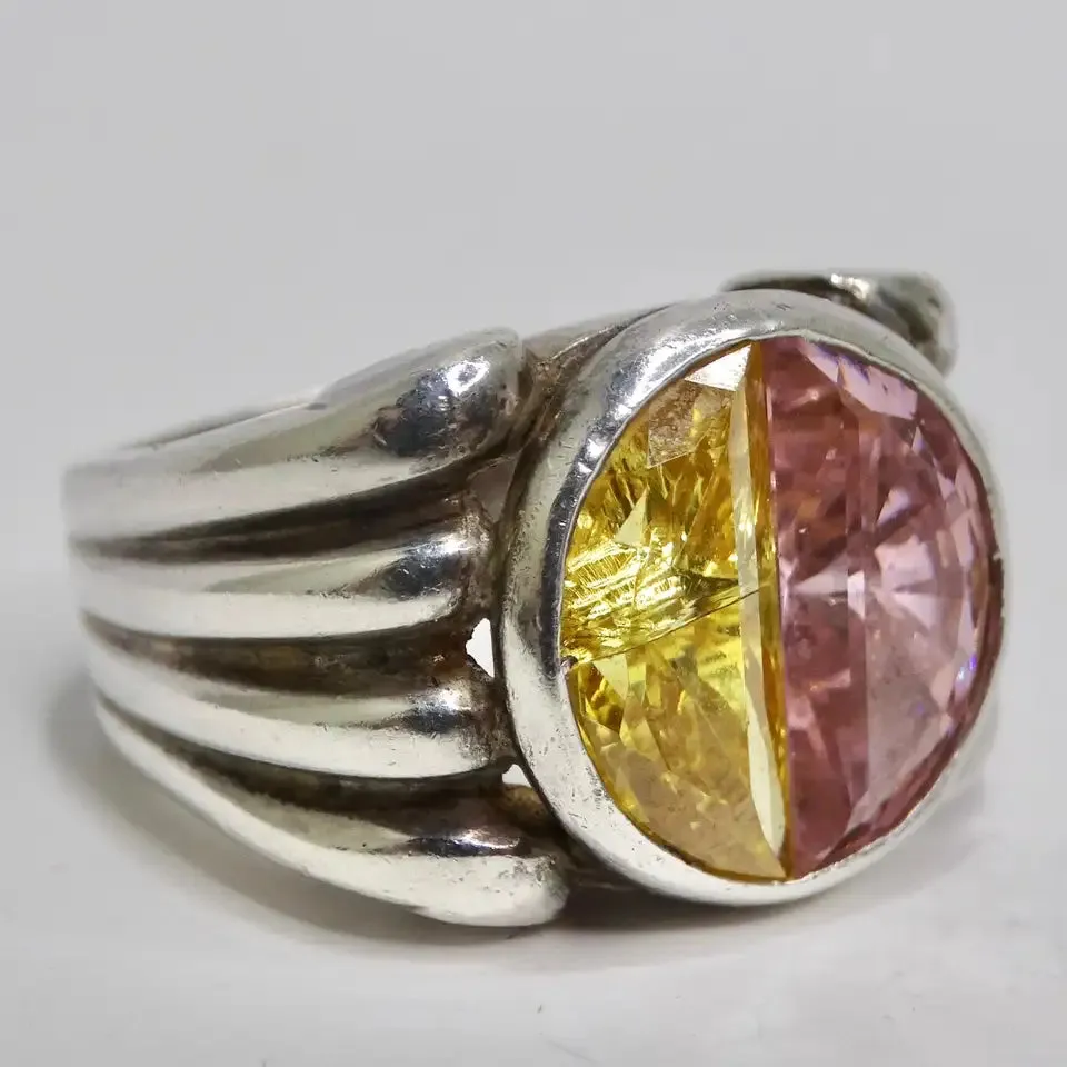Silver 925 Pink and Yellow Quartz Ring Circa 1960