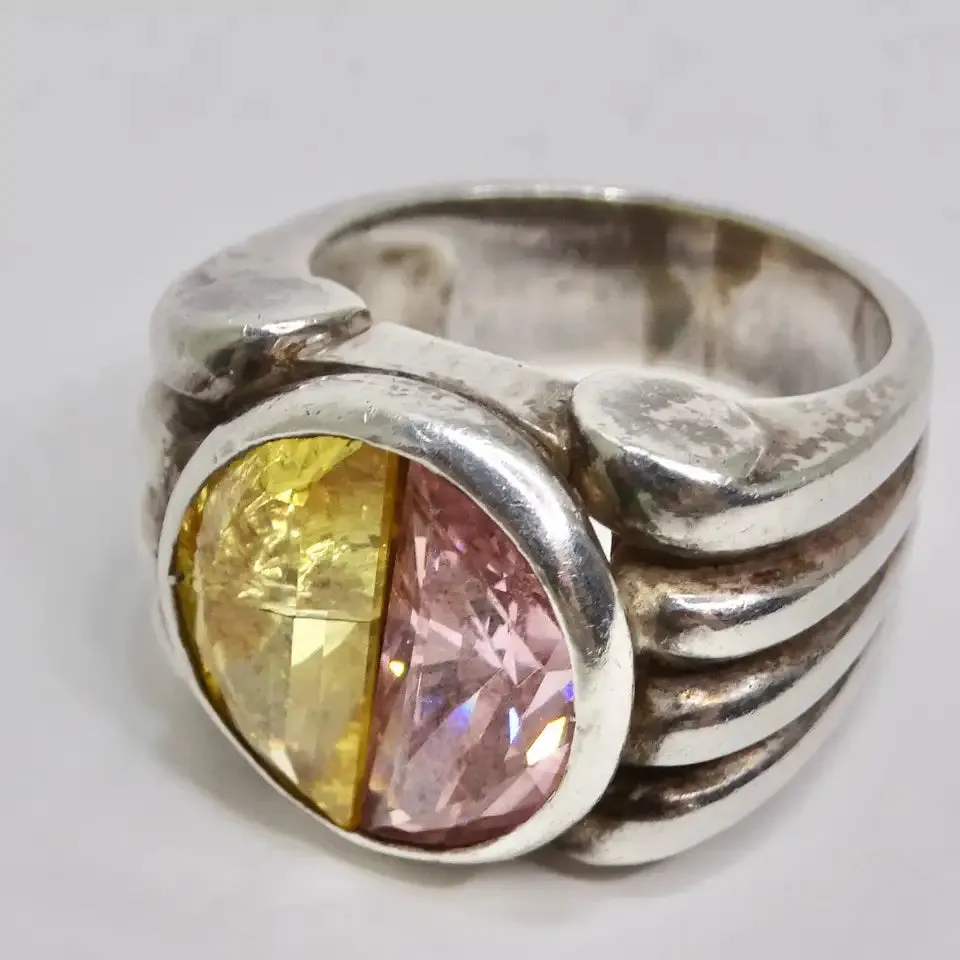 Silver 925 Pink and Yellow Quartz Ring Circa 1960