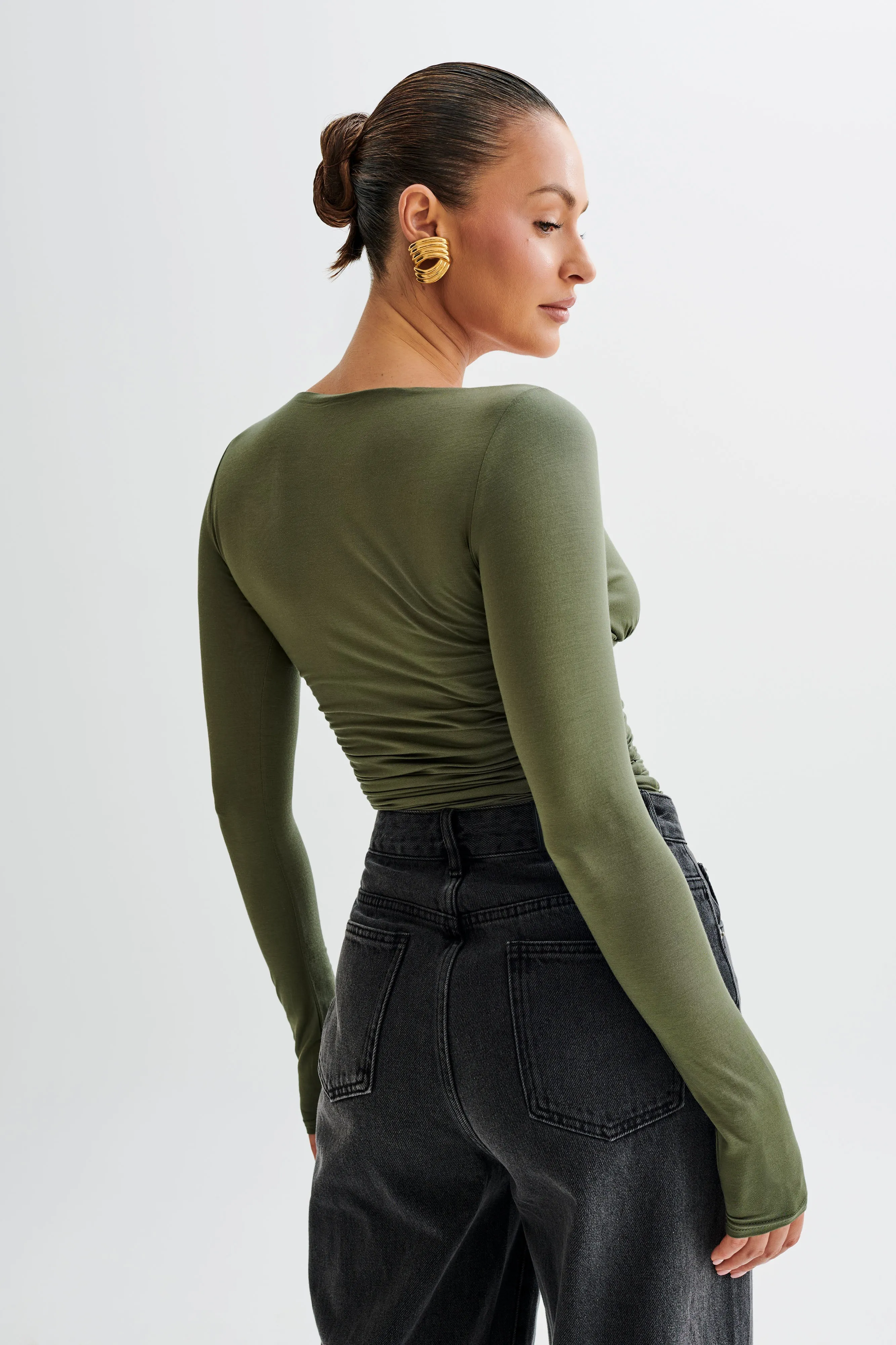 Sutton Ruched Long Sleeve Top - Military Olive