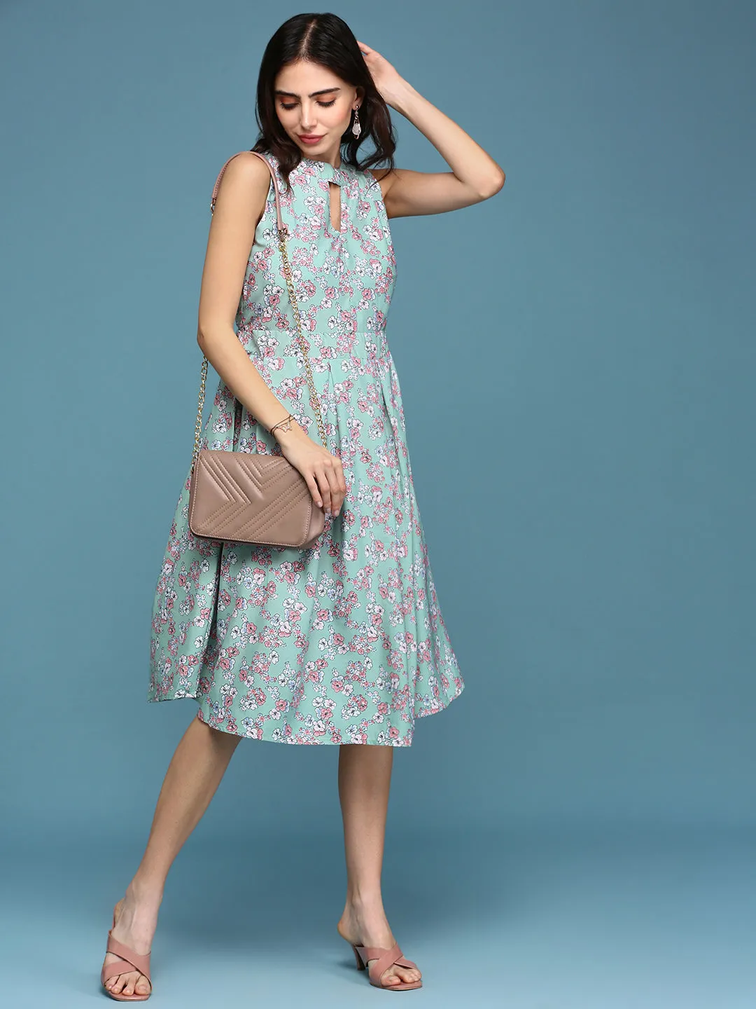 Women's Sea Green Floral A-Line Dress