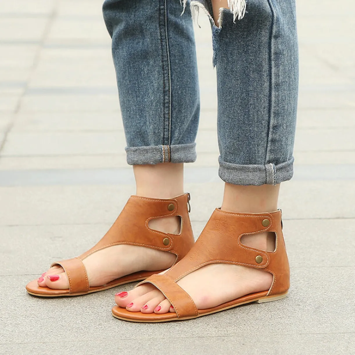 Womens Tan Open Toe Vegan Leather Sandals