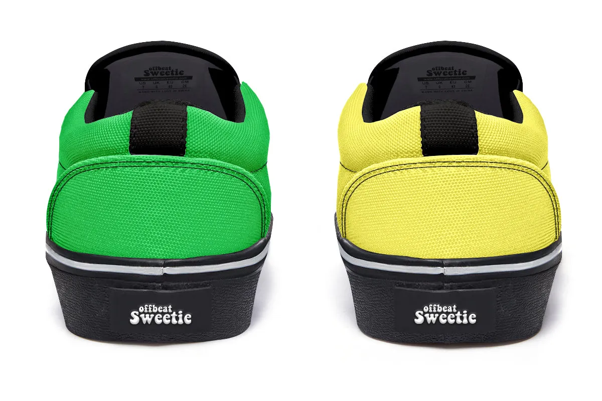 Yellow And Green Mismatch Slip Ons
