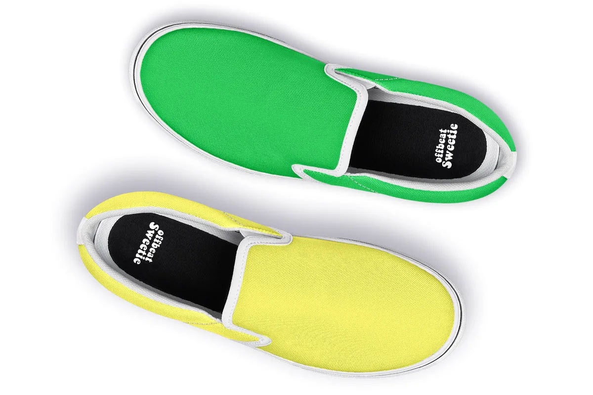Yellow And Green Mismatch Slip Ons