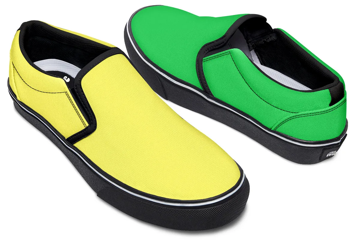 Yellow And Green Mismatch Slip Ons