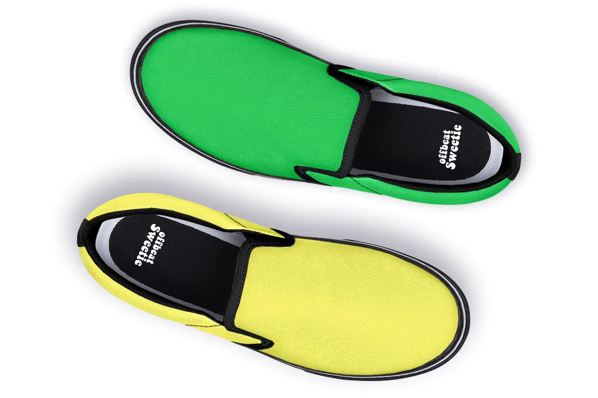 Yellow And Green Mismatch Slip Ons
